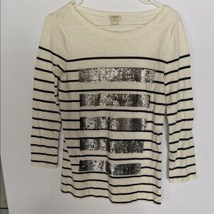 J. Crew Cream and Black Striped Sequin Boatneck Long Sleeve Top